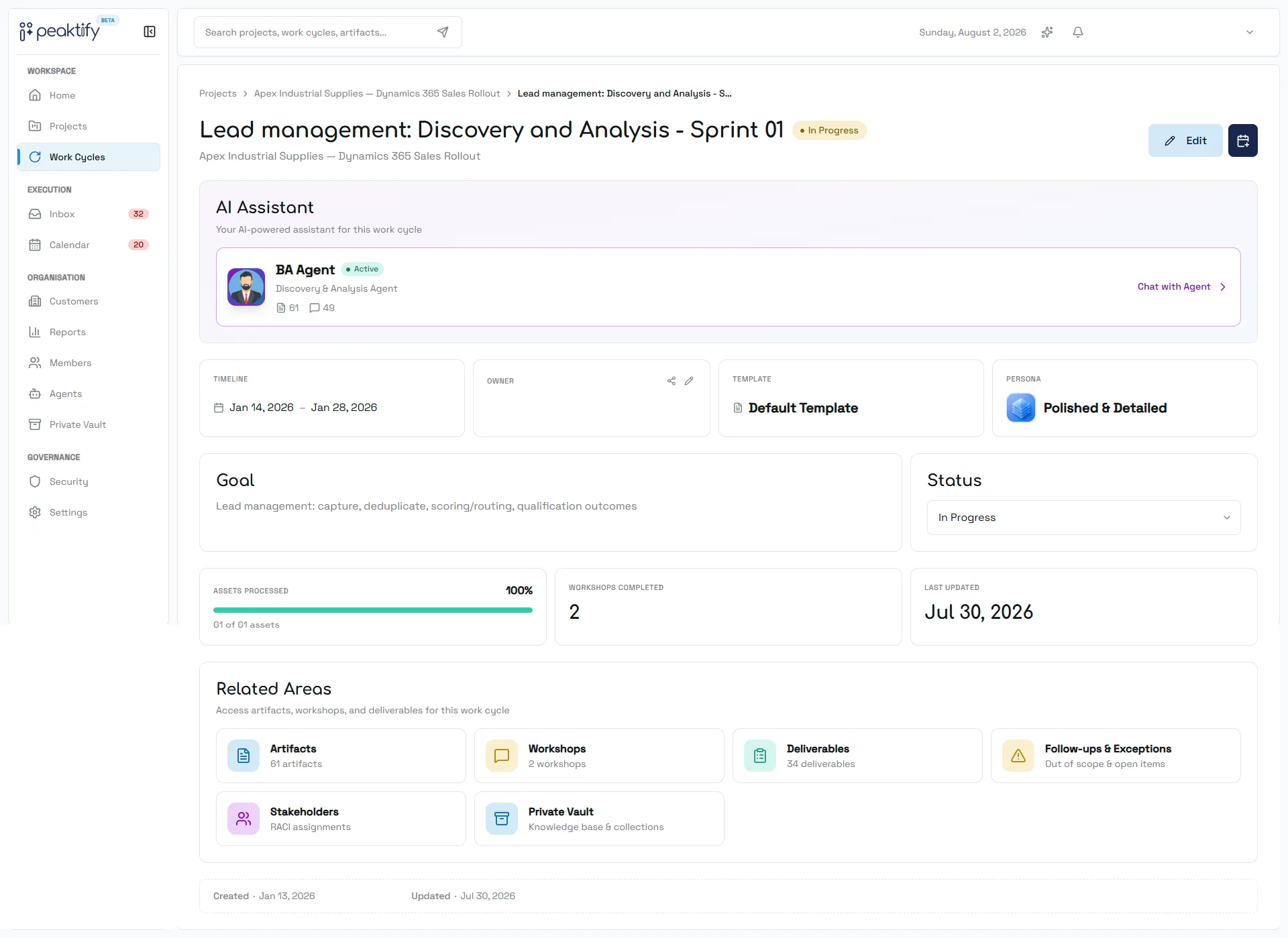 Peaktify work cycle with the BA Agent active — 61 of 61 assets processed