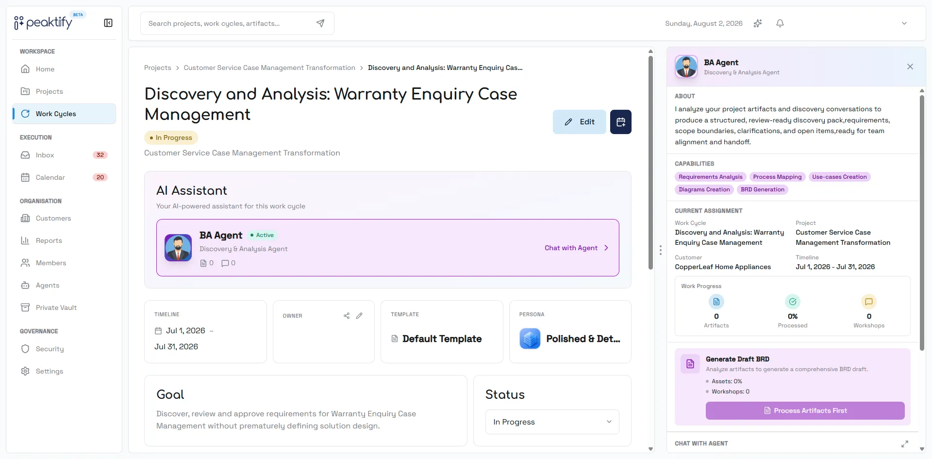 BA Agent panel preparing a draft BRD inside a Peaktify work cycle
