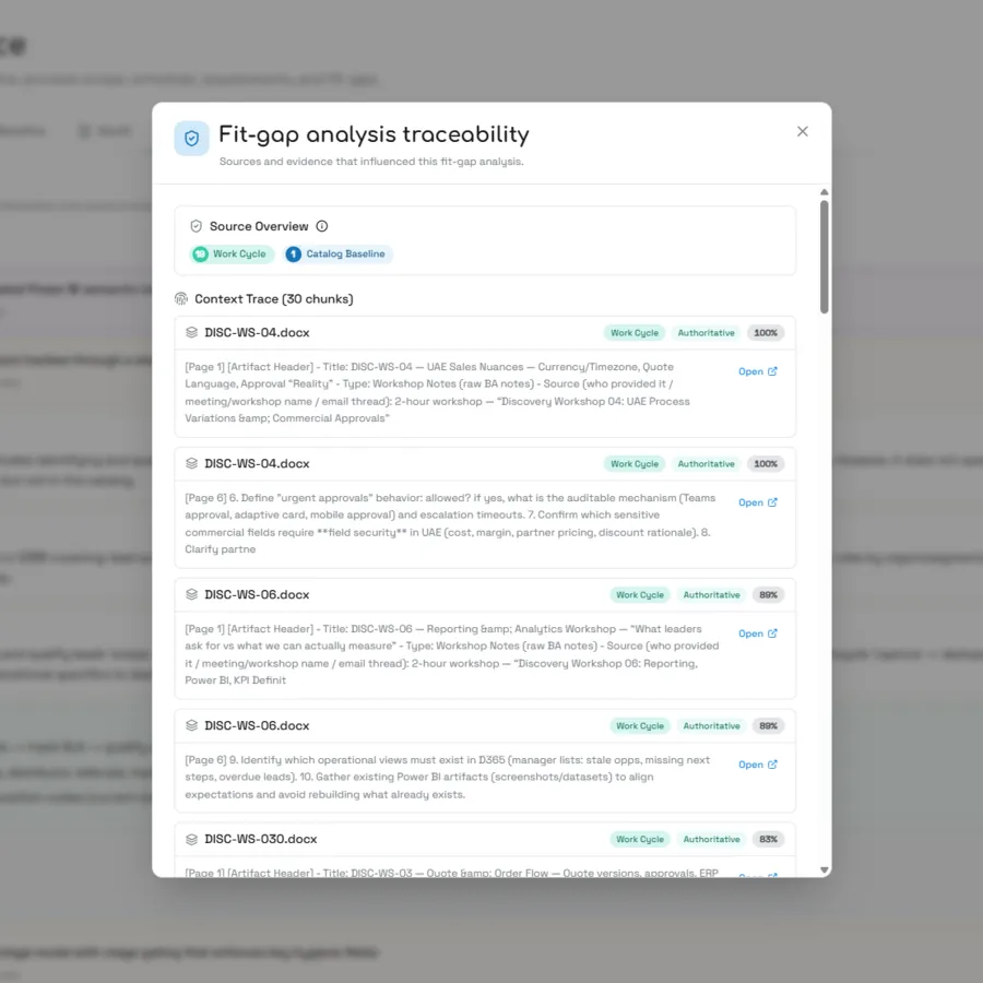 Traceability view linking a requirement to its source evidence with confidence scores